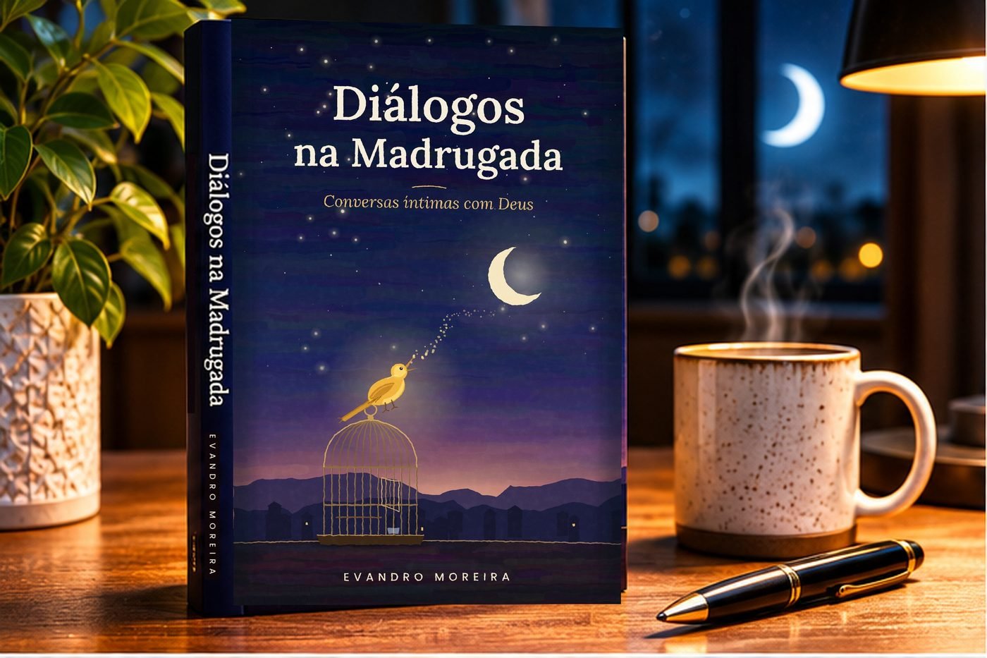 O livro Diálogos na Madrugada sobre a mesa, com uma caneca de café e a lua na janela