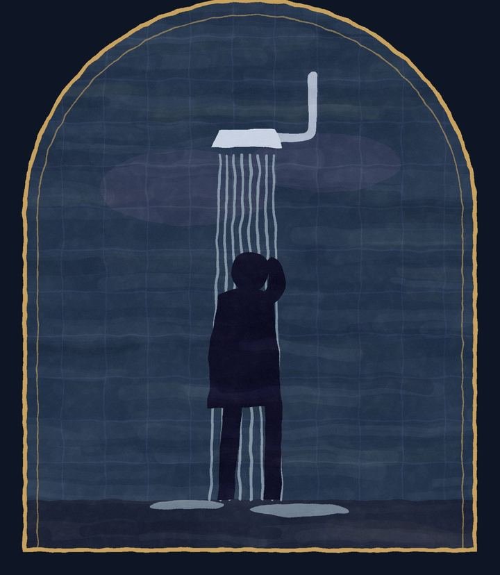 Ilustração do capítulo 6: um homem de cabeça baixa debaixo do chuveiro