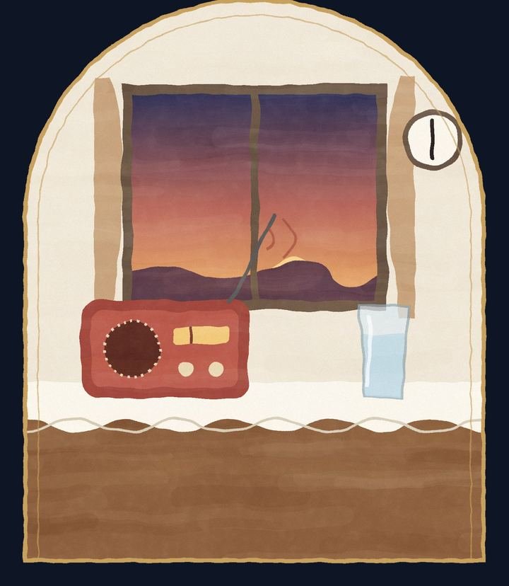 Ilustração: o radinho e o copo de água sobre a mesa, às seis da tarde