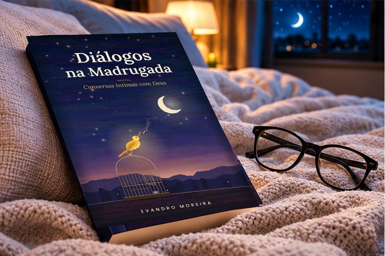 O livro Diálogos na Madrugada sobre a cama, ao lado de um par de óculos, com o abajur aceso e a lua na janela