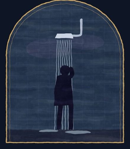 Ilustração do capítulo 6: um homem de cabeça baixa debaixo do chuveiro
