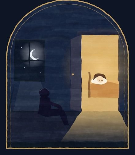 Ilustração: um pai na porta do quarto olhando a filha dormir