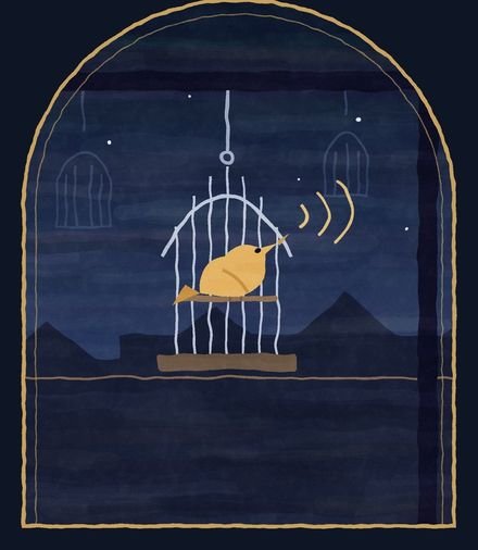 Ilustração: o passarinho cantando na gaiola antes do amanhecer